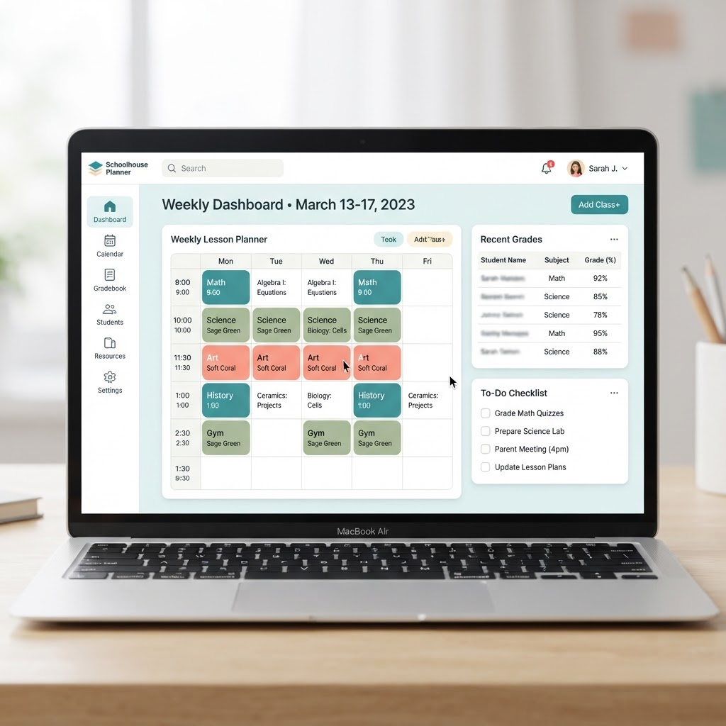 Preview of the TeachPro dashboard showing a weekly lesson planner calendar, a gradebook widget, and a to-do checklist